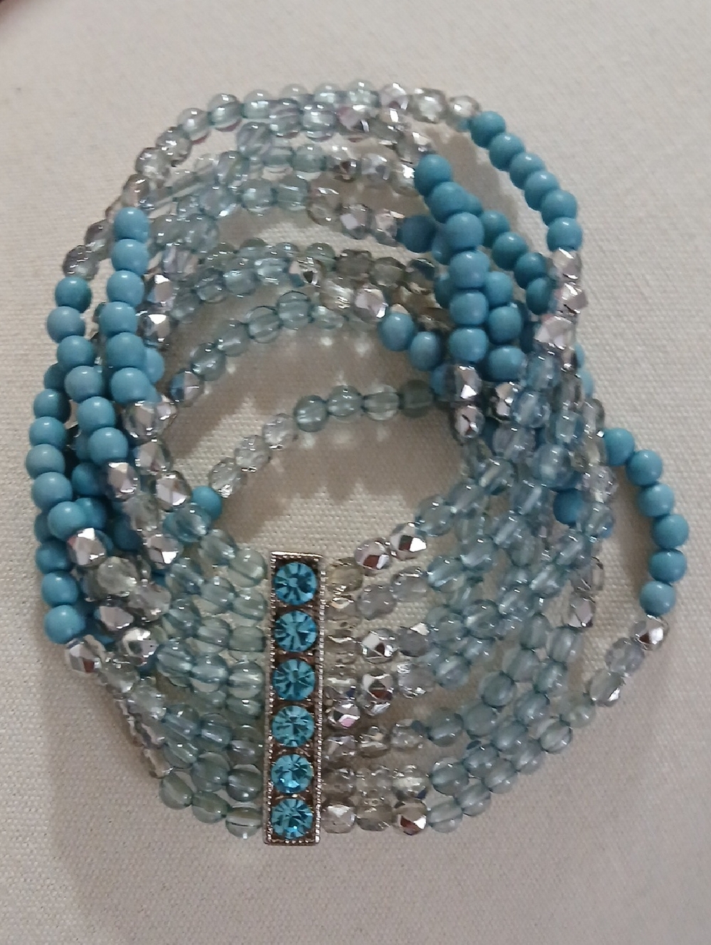 Blue Multi-Strand Beaded Bracelet with Crystal Accent